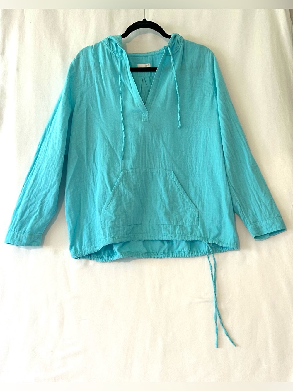 J. Jill 100% Cotton Hooded Henley Top Turquoise/Aqua Plus Size Drawstring Waist